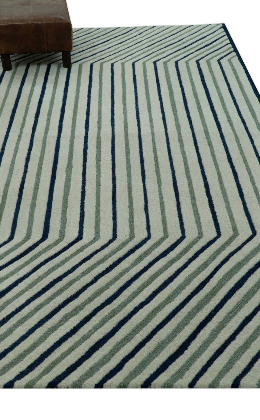 Modern Stripes Design Beige And Blue Hand Tufted Custom Made Wool Area Rug
