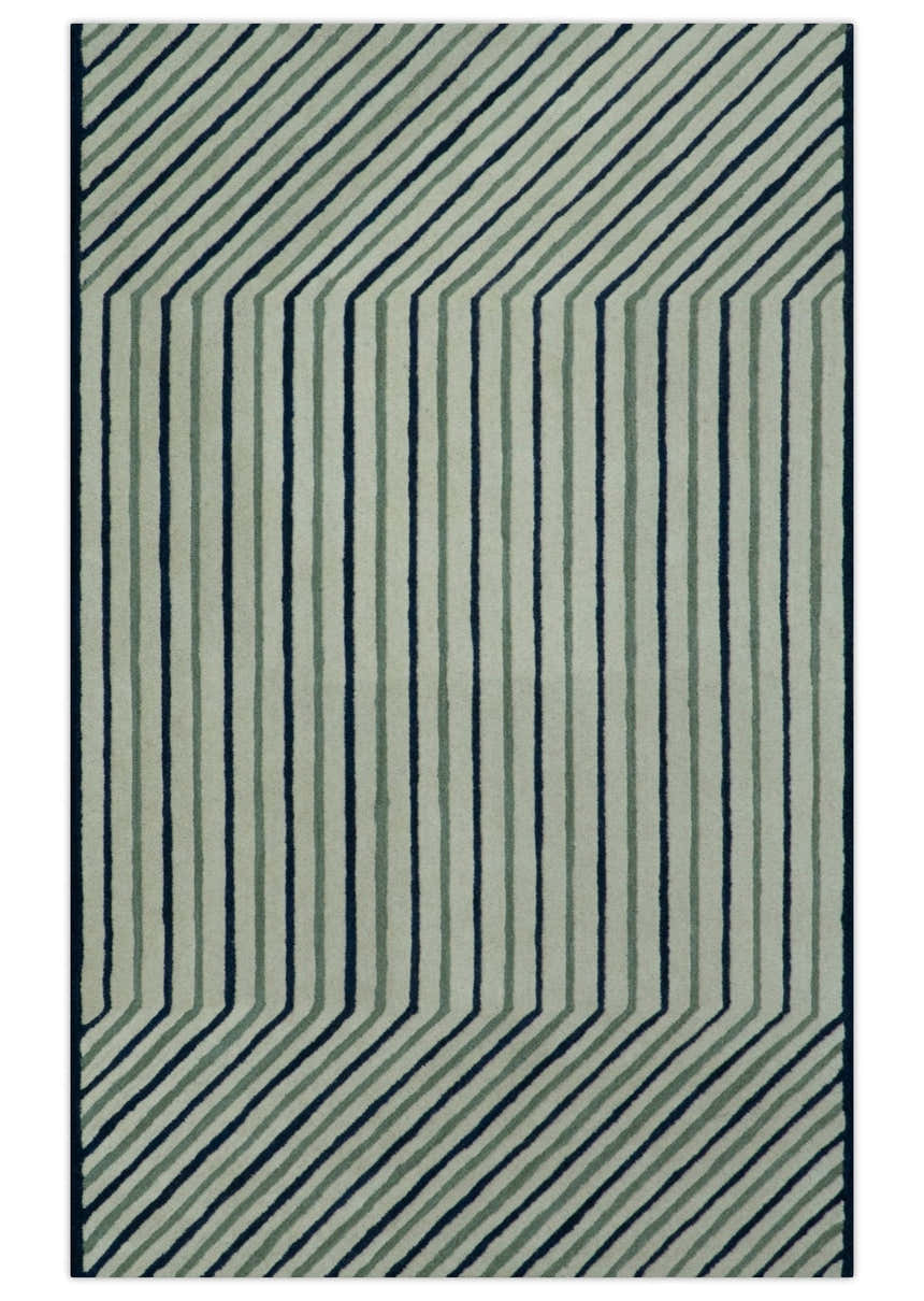 Modern Stripes Design Beige And Blue Hand Tufted Custom Made Wool Area Rug