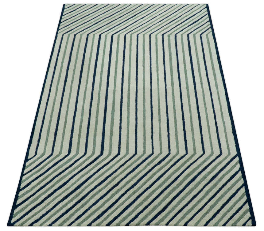 Modern Stripes Design Beige And Blue Hand Tufted Custom Made Wool Area Rug