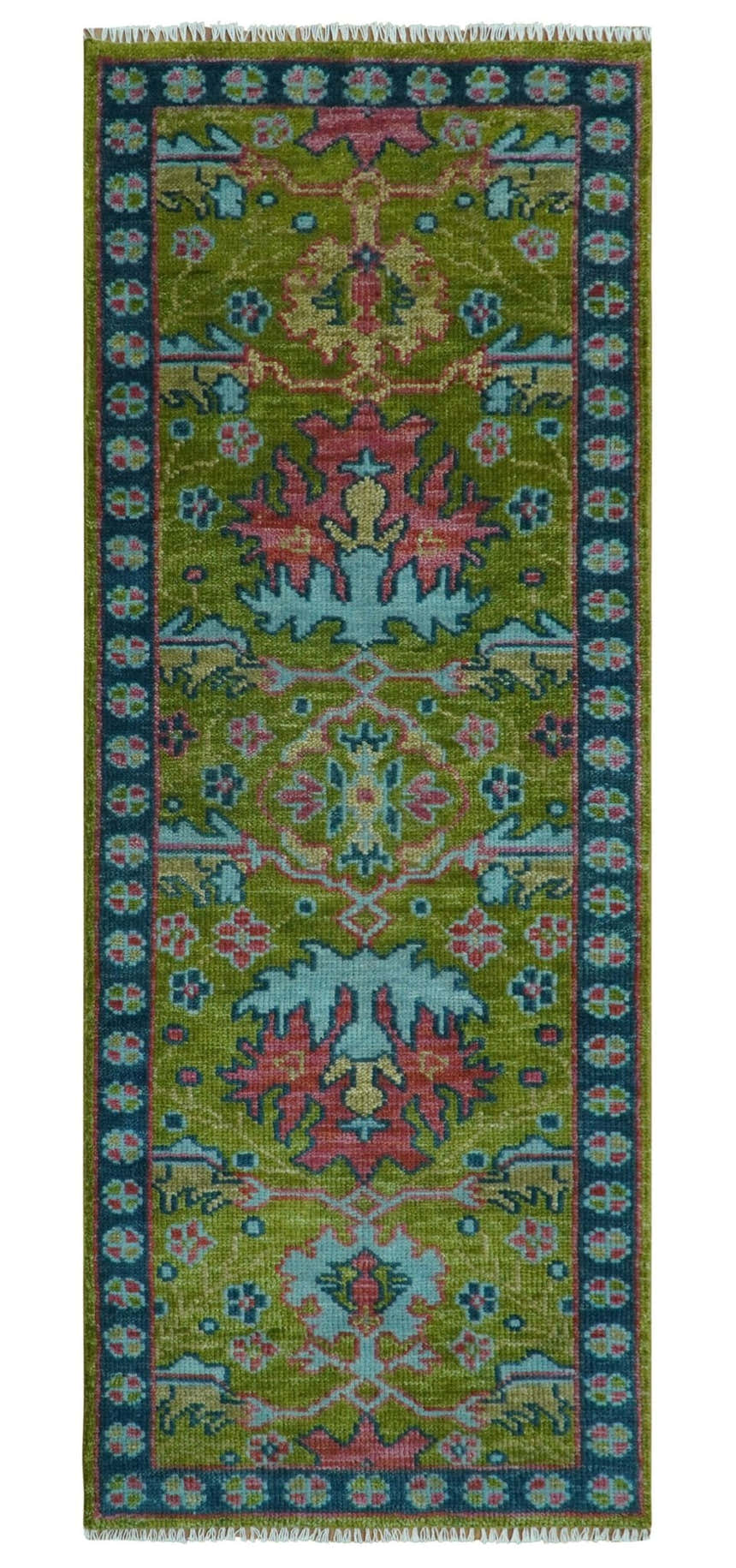 Moss Green, Blue and Peach Hand Knotted Vibrant colorful Donegal Design Multi Size Wool Area Rug