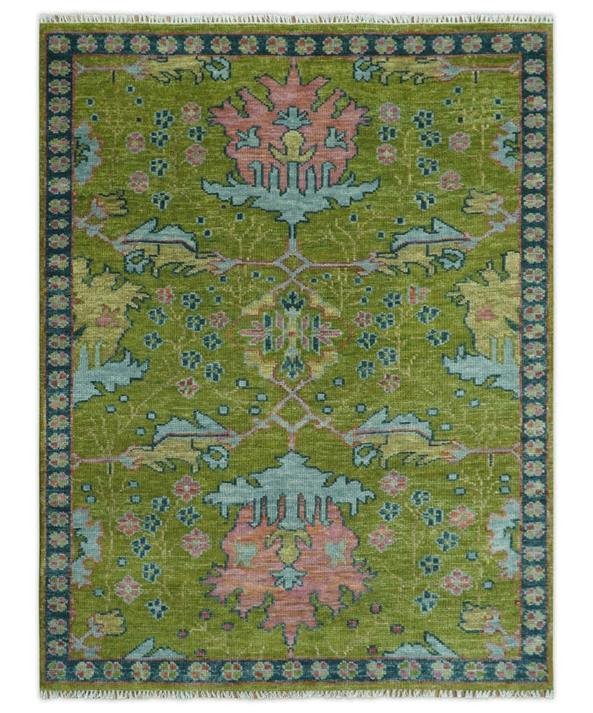 Moss Green, Blue and Peach Hand Knotted Vibrant colorful Donegal Design Multi Size Wool Area Rug