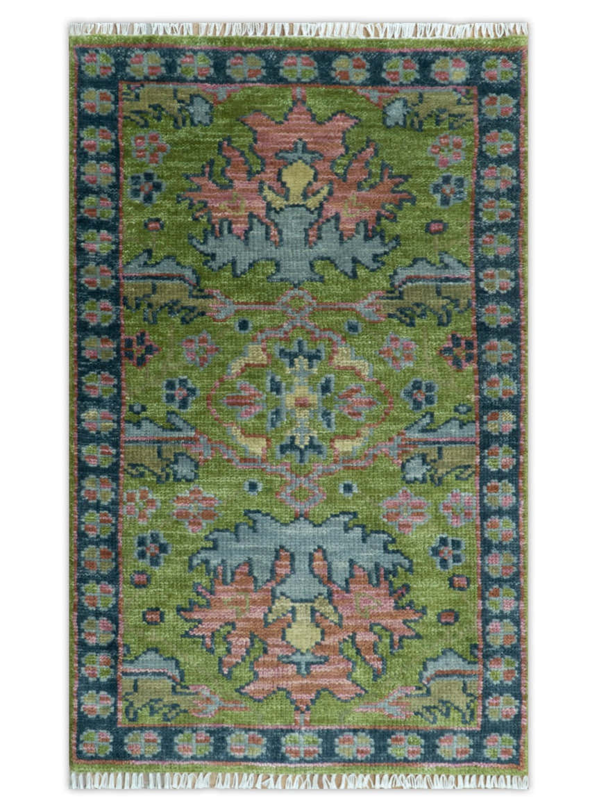 Moss Green, Blue and Peach Hand Knotted Vibrant colorful Donegal Design Multi Size Wool Area Rug