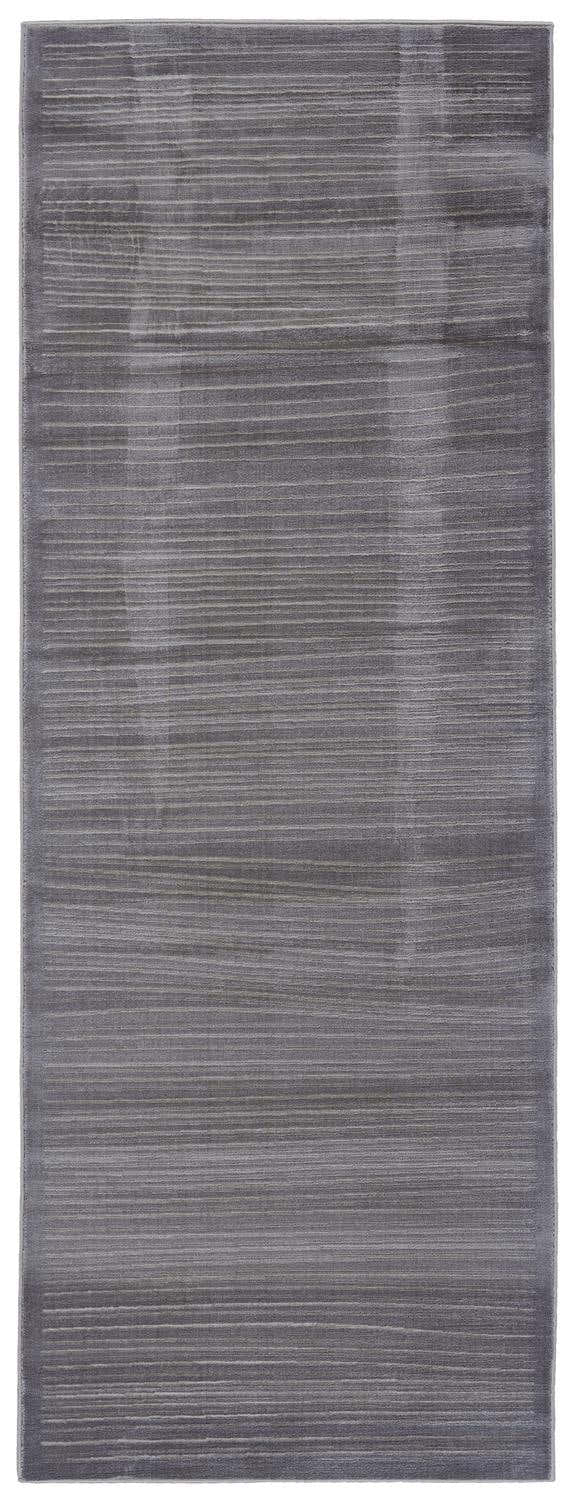 Close-up of a Feizy Melina rug. Modern solid design in blue, gray, and taupe with subtle horizontal stripes. Design-Runner