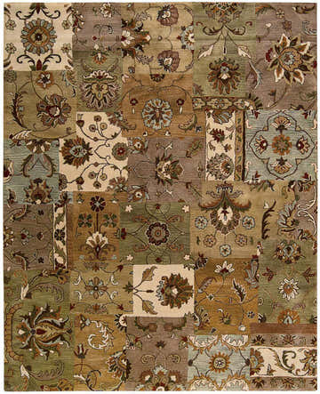Close-up of the Nourison Jaipur Light Multicolor Persian rug. Features a patchwork design with floral and geometric patterns.
