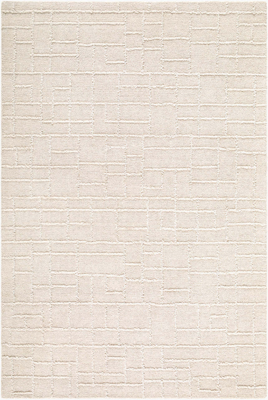 Close-up of the hand-tufted Utsmiyurt Area Rug. Beige, cream, and ivory wool with a contemporary geometric pattern. Design-Rectangle-576