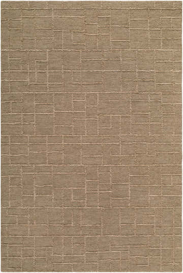 Close-up of beige Gramalote Area Rug. Hand-tufted wool rug with a contemporary geometric pattern. Sandstone and taupe tones. Design-Rectangle-576
