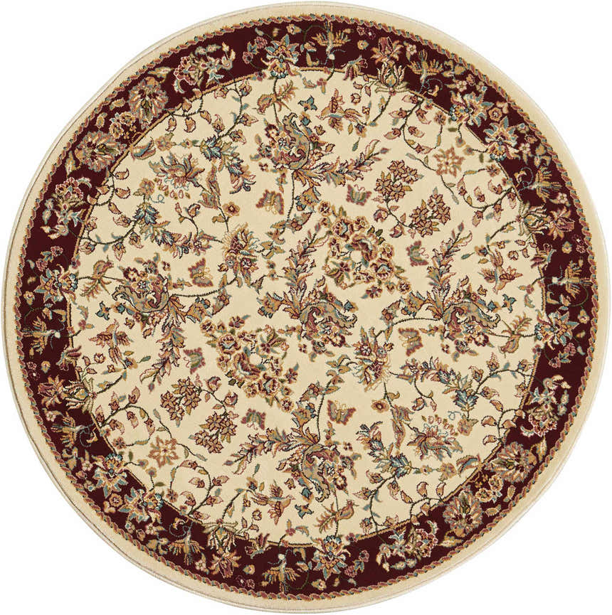 Close-up of a round Nourison Antiquities Ivory Persian rug. Chestnut border with floral pattern on a cream background.
