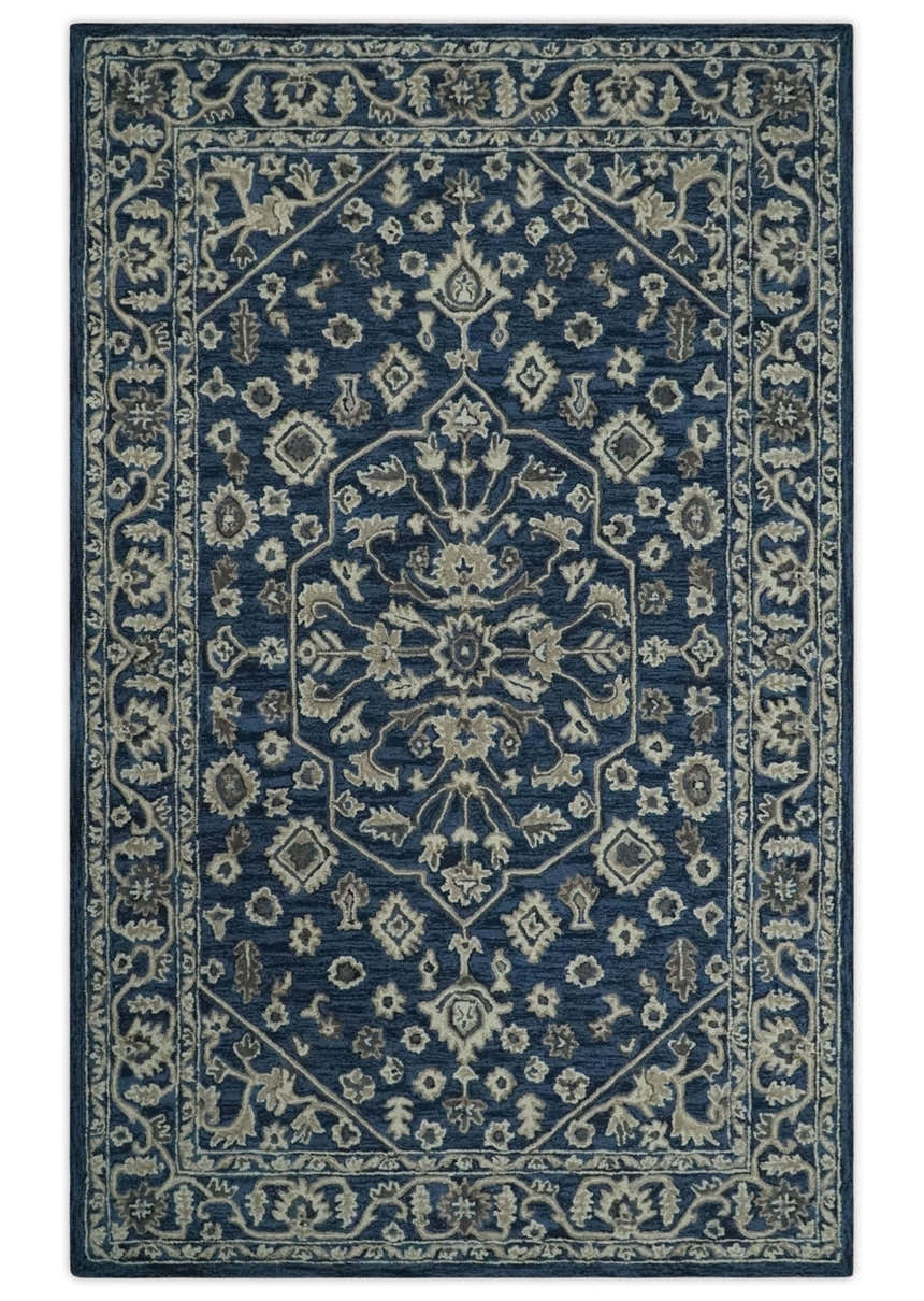 Multi Size Hand Tufted Blue and Beige Traditional Medallion 8x10, 9x12 Antique Style Rug, Kids, Living Room and Bedroom Rug | TRD6441