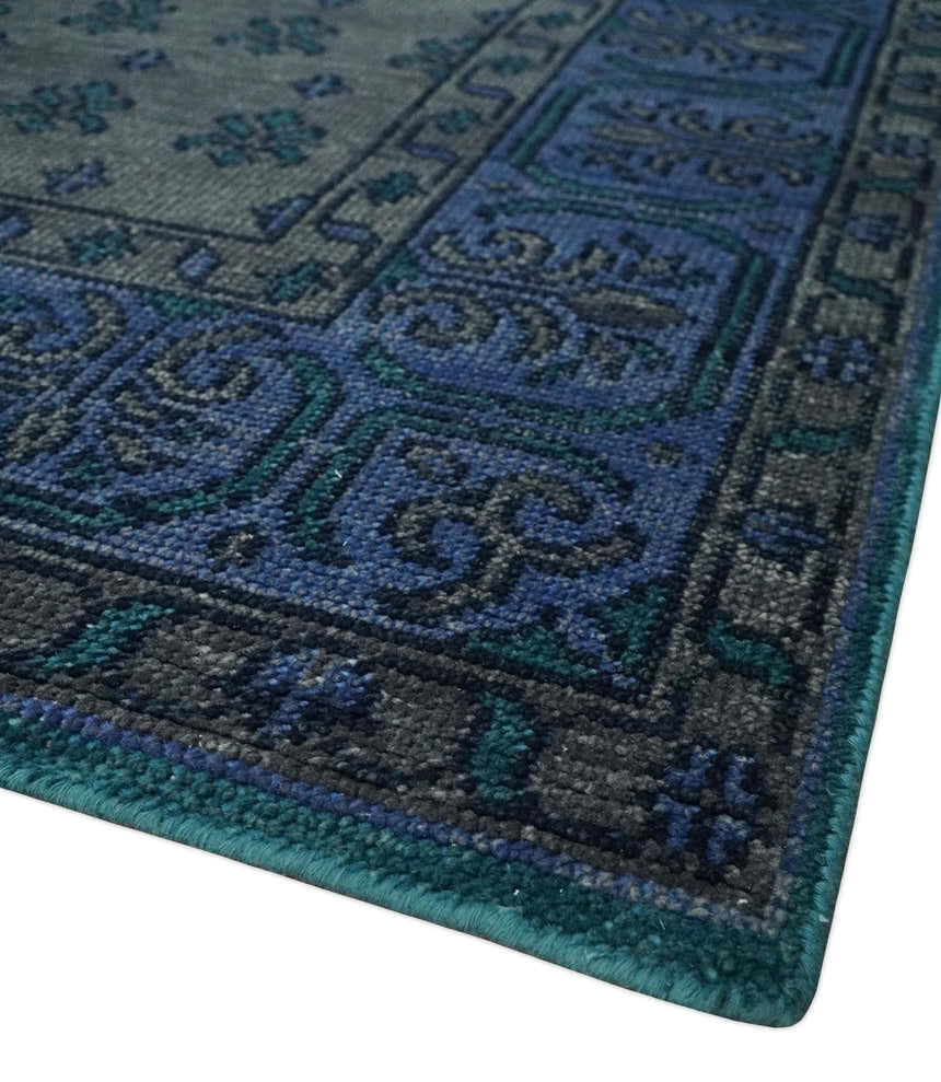 Gray and Blue Traditional Hand Knotted Antique Style low Pile Custom Made Wool Area Rug