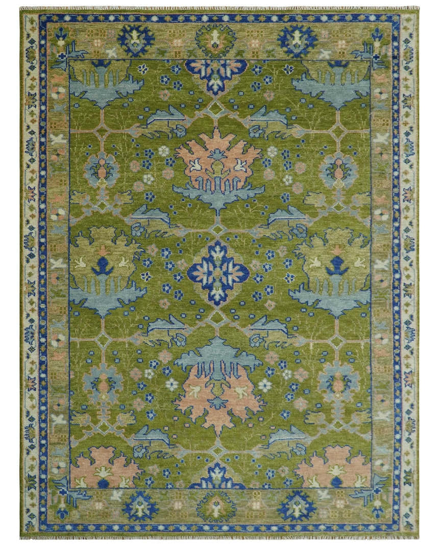 Multi size Moss Green, Blue and Peach Hand Knotted Vibrant colorful Donegal Wool Rug