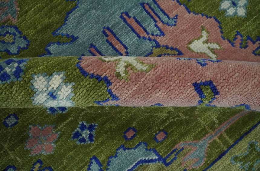 Multi size Moss Green, Blue and Peach Hand Knotted Vibrant colorful Donegal Wool Rug