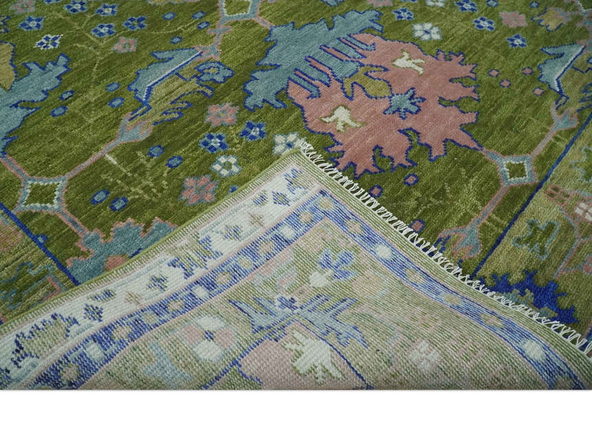 Multi size Moss Green, Blue and Peach Hand Knotted Vibrant colorful Donegal Wool Rug