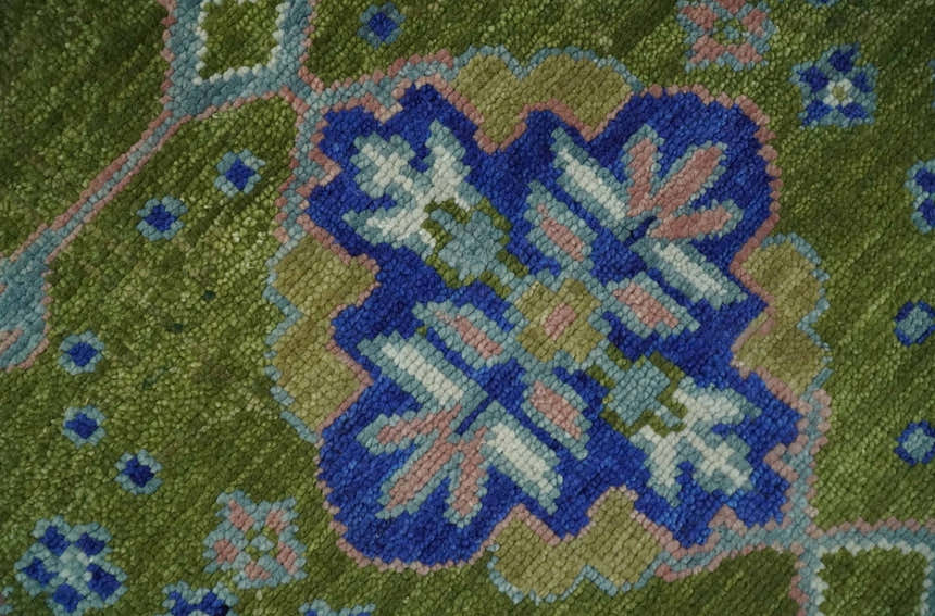 Multi size Moss Green, Blue and Peach Hand Knotted Vibrant colorful Donegal Wool Rug