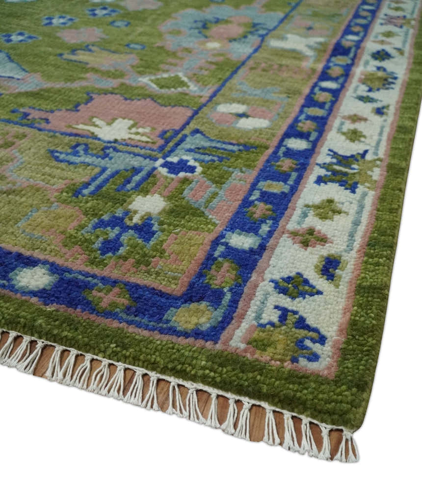 Multi size Moss Green, Blue and Peach Hand Knotted Vibrant colorful Donegal Wool Rug