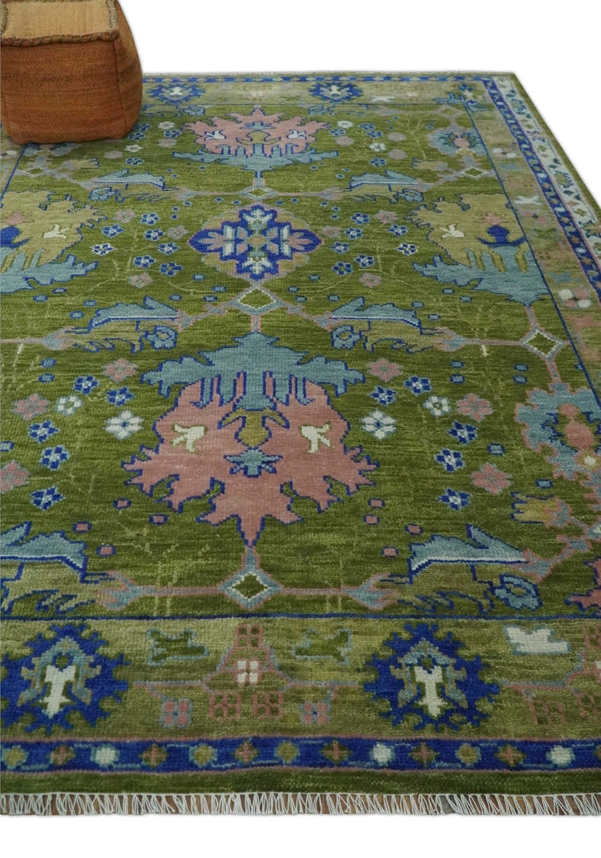 Multi size Moss Green, Blue and Peach Hand Knotted Vibrant colorful Donegal Wool Rug