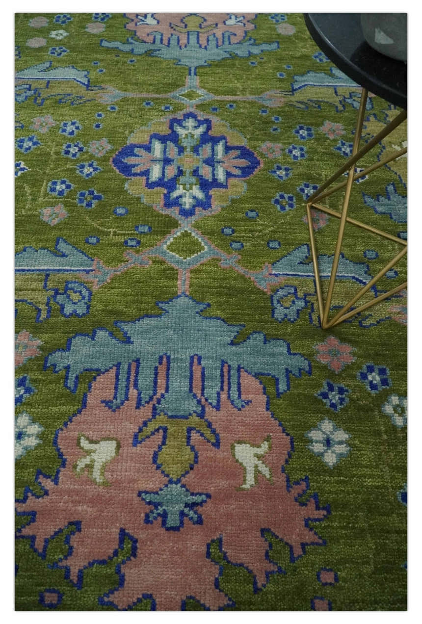 Multi size Moss Green, Blue and Peach Hand Knotted Vibrant colorful Donegal Wool Rug
