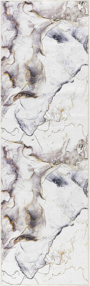 Close-up of Inspire Me! Home Décor Daydream Ivory Multicolor rug. Abstract chestnut, gold, and gray pattern on a white background.