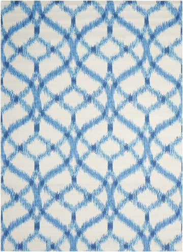 Close-up of Waverly Sun N' Shade Aegean rug. Contemporary style with a blue and white geometric trellis pattern.