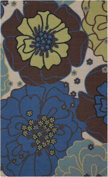 Close-up of Nourison Home & Garden Light Blue rug. Contemporary floral pattern in blue, brown, and green hues.