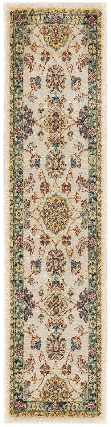 Close-up of the Nourison Essentials Ivory Gold Vintage Area Rug, featuring a chestnut floral pattern and blue border.