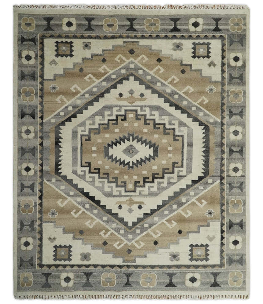 Custom Made Natural Wool Hand Knotted Ivory, Beige and Charcoal Traditional Area Rug, Kids, Living Room and Bedroom Rug
