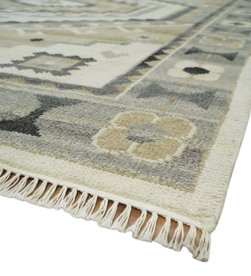 Custom Made Natural Wool Hand Knotted Ivory, Beige and Charcoal Traditional Area Rug, Kids, Living Room and Bedroom Rug