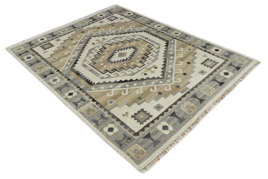 Custom Made Natural Wool Hand Knotted Ivory, Beige and Charcoal Traditional Area Rug, Kids, Living Room and Bedroom Rug