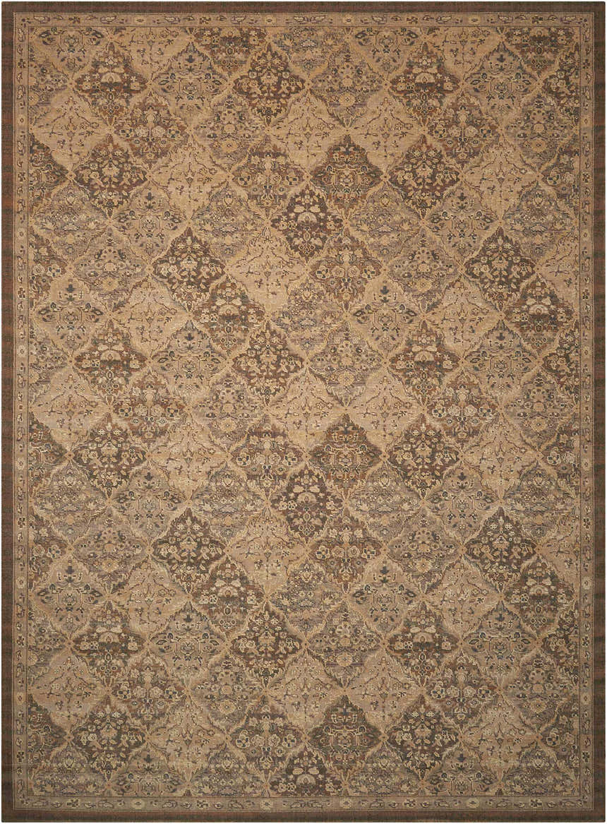 Close-up of the Nourison Silken Allure Multicolor Persian rug, featuring a detailed brown and beige floral trellis pattern.