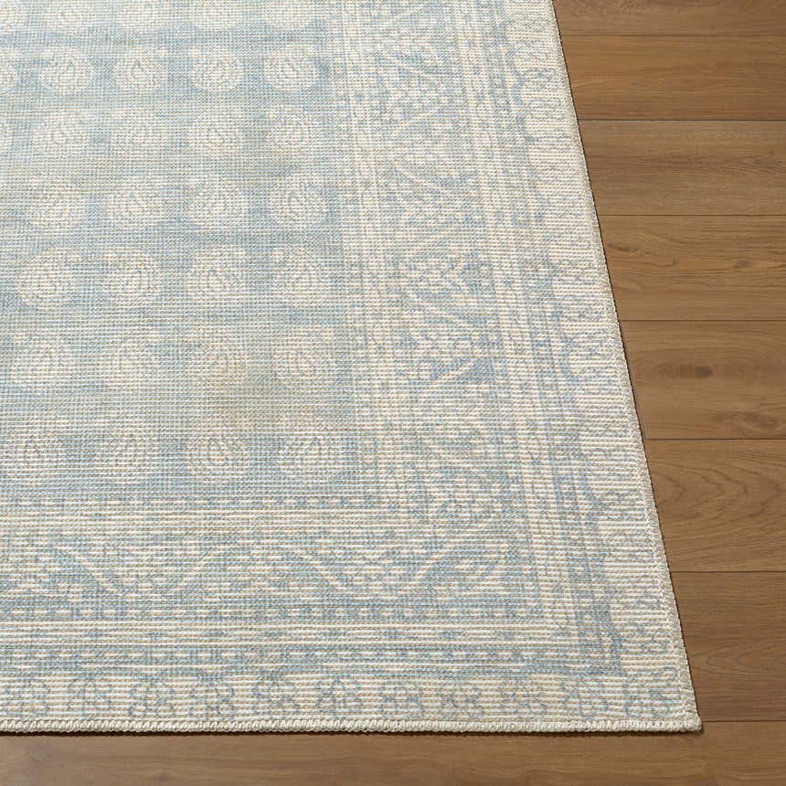 Close-up of Alo Machine Woven Nabela Noor Home rug. Sky blue and off-white farmhouse design on wood floor. Front