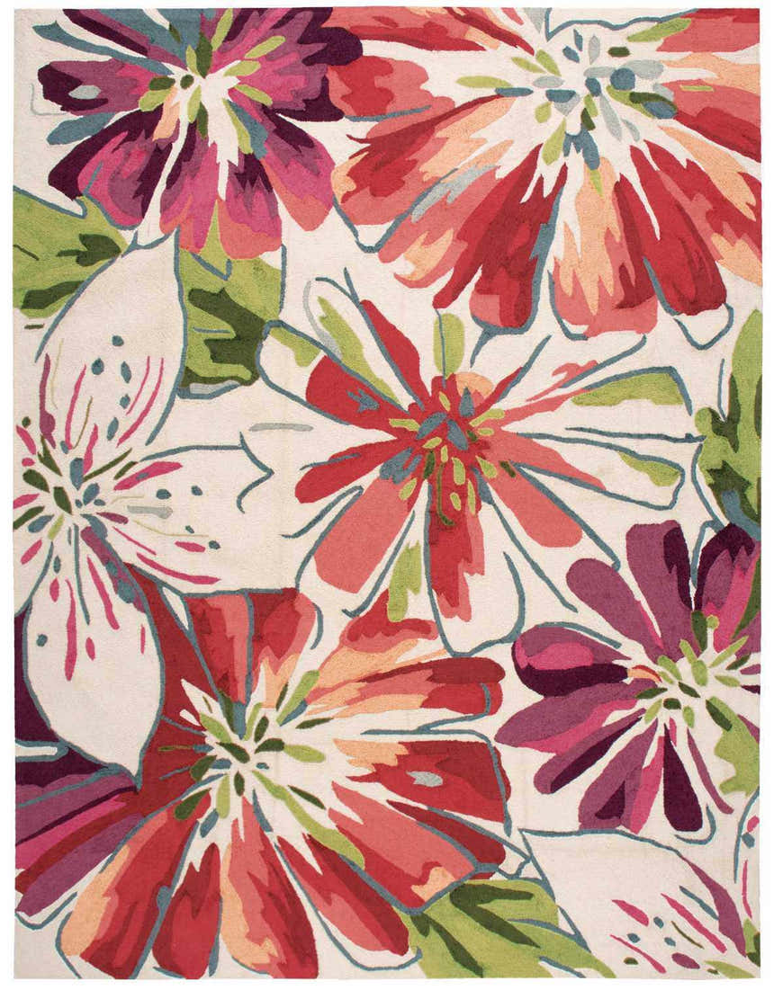 Close-up of the Nourison Fantasy Ivory rug, featuring a bold floral pattern in chestnut, red, pink, and green hues.