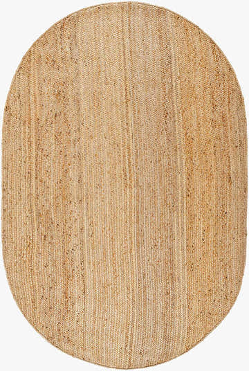 Close-up of an oval Shippagan Tan Jute Braided Rug. Hand-woven natural jute rug with a braided texture. Design-Oval