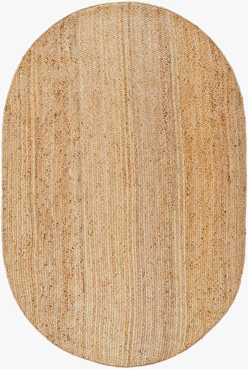 Close-up of an oval Shippagan Tan Jute Braided Rug. Hand-woven natural jute rug with a braided texture. Design-Oval