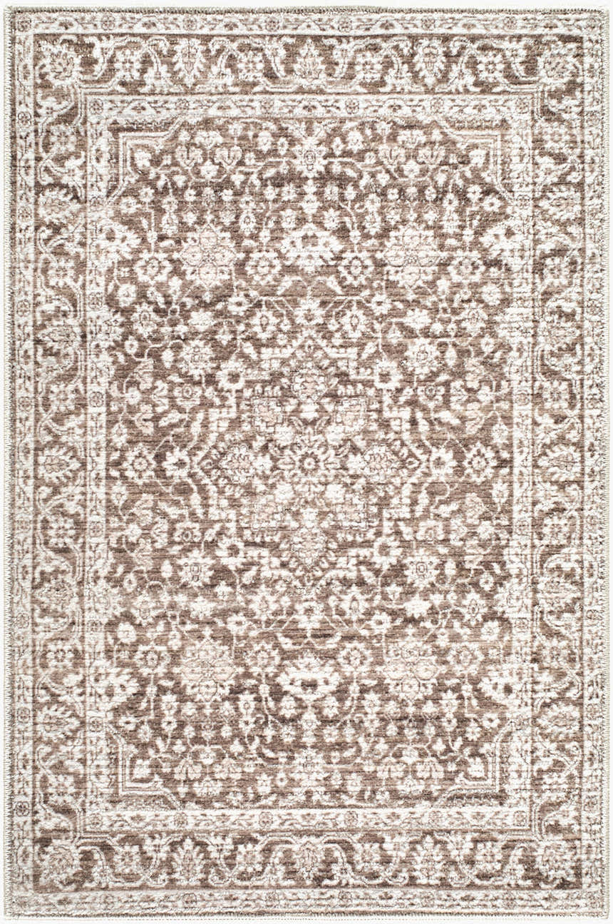 Close-up of the Maan Machine Woven Nabela Noor Home x LIVABLISS NBMA-2306 Area Rug in dark brown with a traditional floral pattern. Design-Rectangle-221