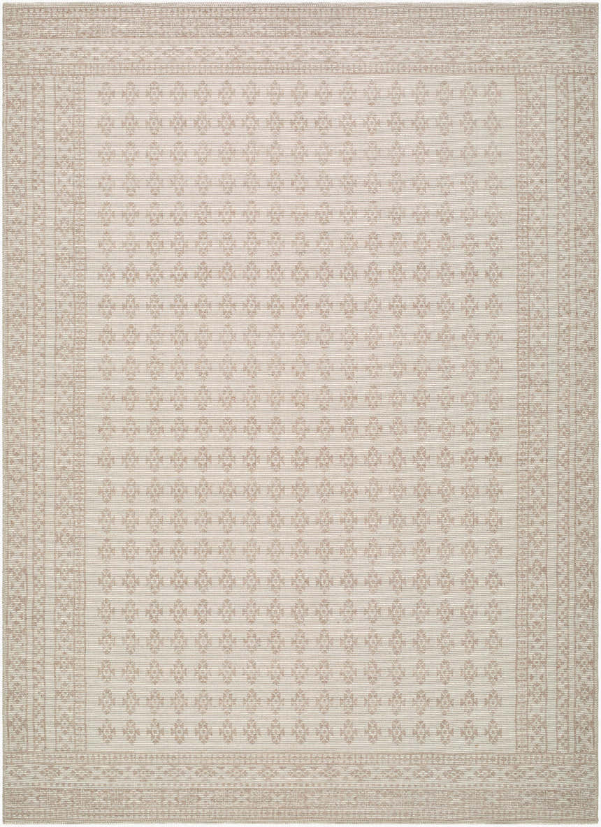 Close-up of the Daichi Area Rug. Jute rug in off-white and taupe with a traditional, geometric pattern and border. Design-Rectangle-679