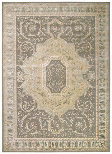 Close-up of the taupe Michael Amini Platine Slate vintage rug, featuring a floral and scroll pattern.