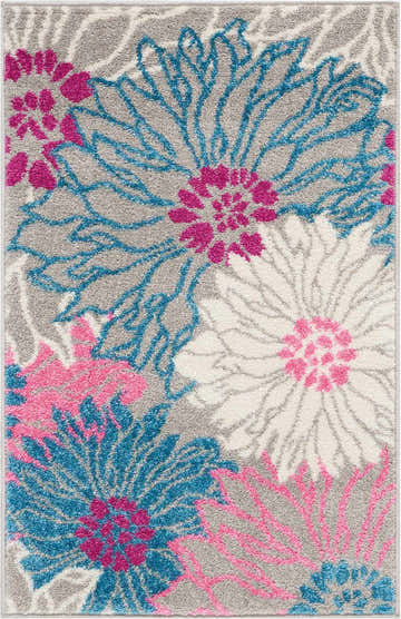 Close-up of Nourison Passion Grey rug with a floral design in shades of gray, blue, pink, and white.
