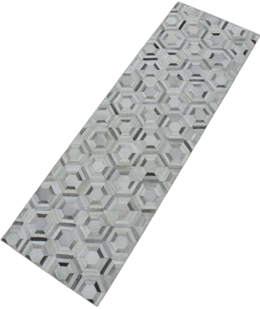 Modern Handmade Ivory and Silver Genuine Leather Area Rug
