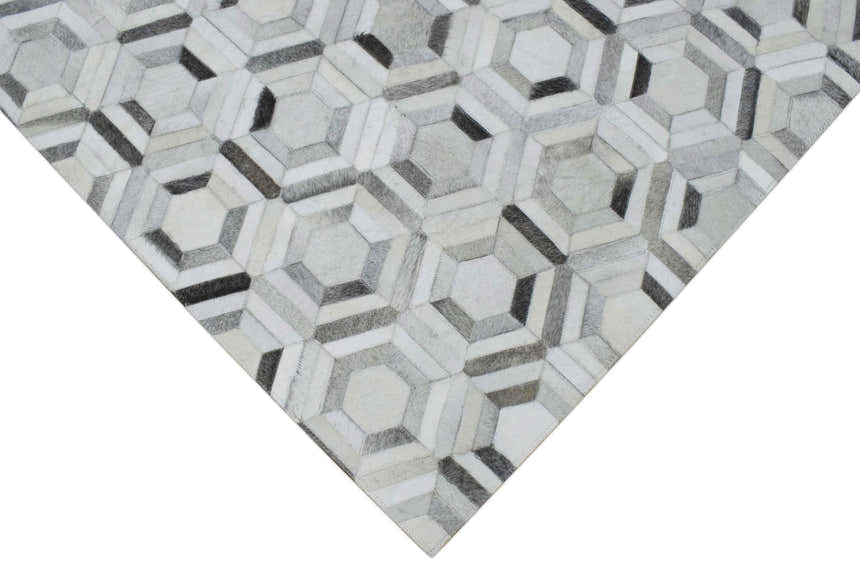 Modern Handmade Ivory and Silver Genuine Leather Area Rug