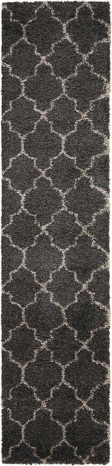 Close-up of the Nourison Amore Charcoal Moroccan shag rug with taupe geometric trellis pattern.