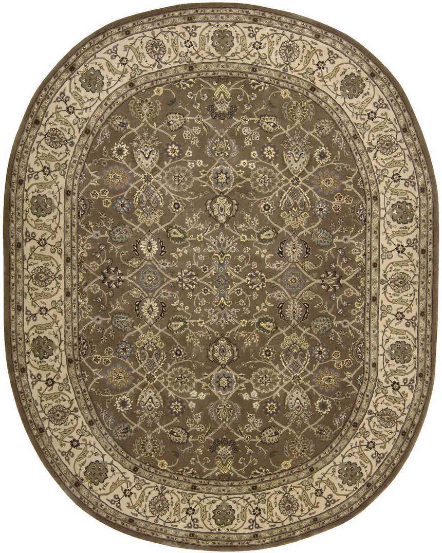 Close-up of the oval Nourison 2000 Mushroom area rug. Features a traditional floral pattern in mushroom, cream, and sage tones.