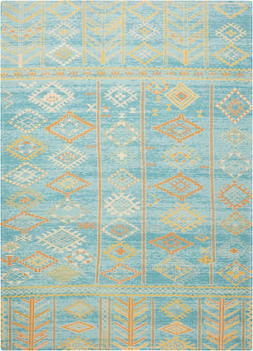 Close-up of Nourison Madera Sky Blue rug. Tribal design with orange, yellow, and white geometric patterns on a sky blue background.