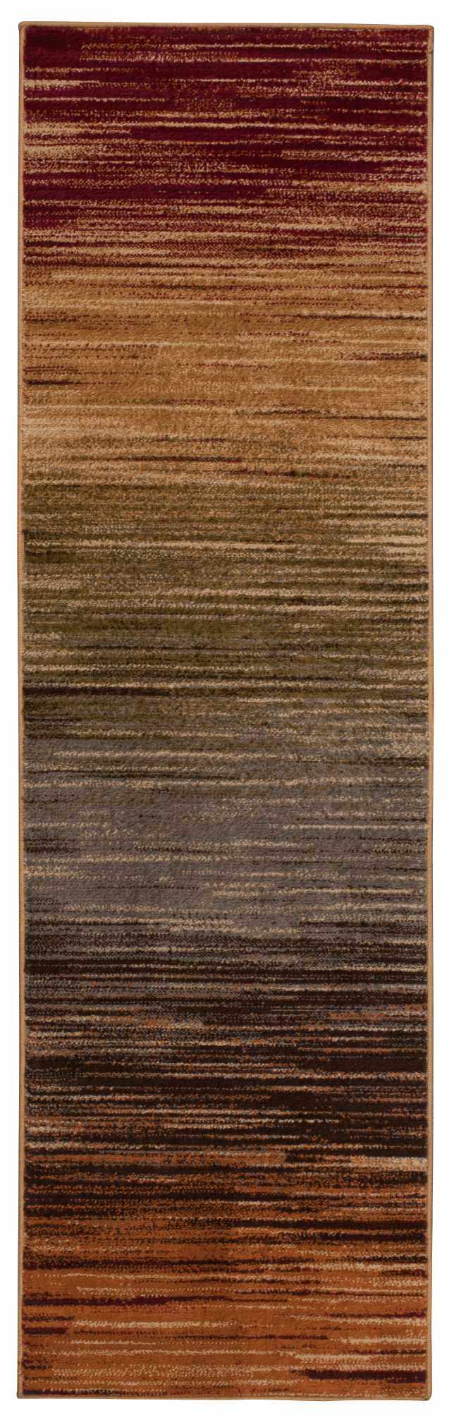 Close-up of Nourison Paramount Multicolor Painterly rug. Abstract horizontal stripes in shades of red, brown, gold, and gray.