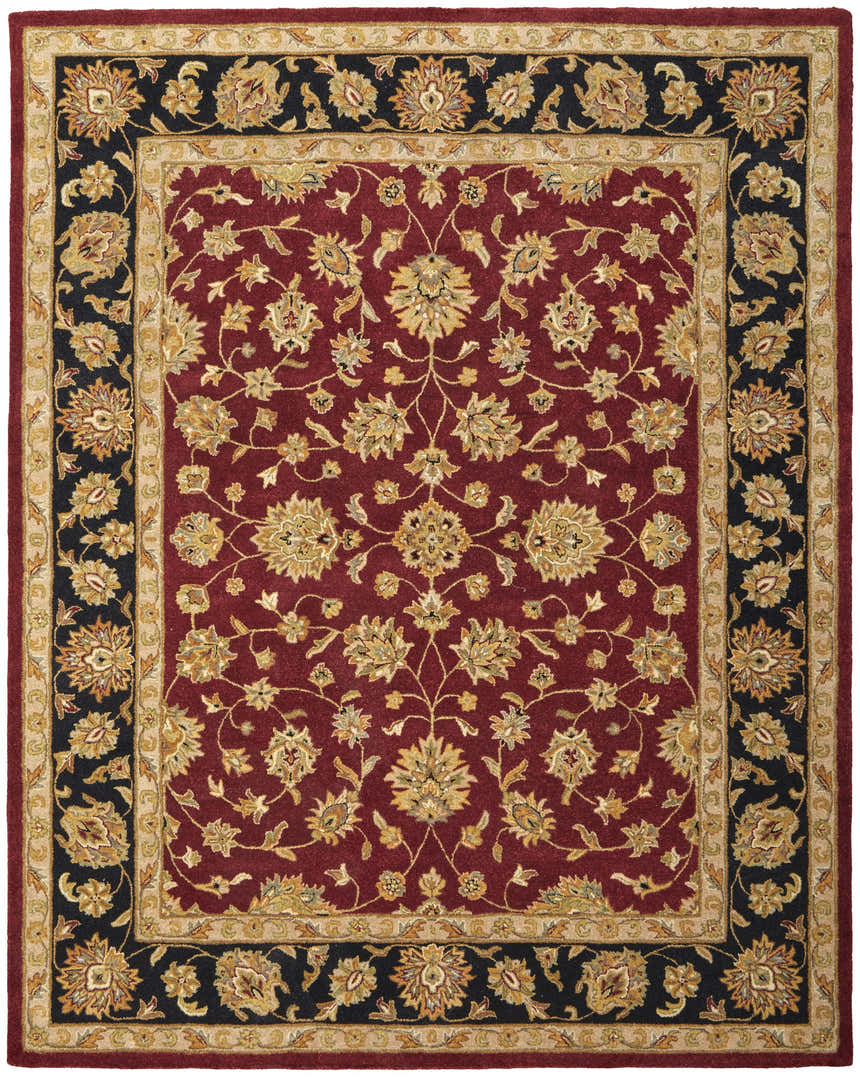 Detailed floral pattern on a Feizy Wagner Traditional Oriental Rug in red, black, and gold. Hand-tufted wool texture. Design-Rectangle