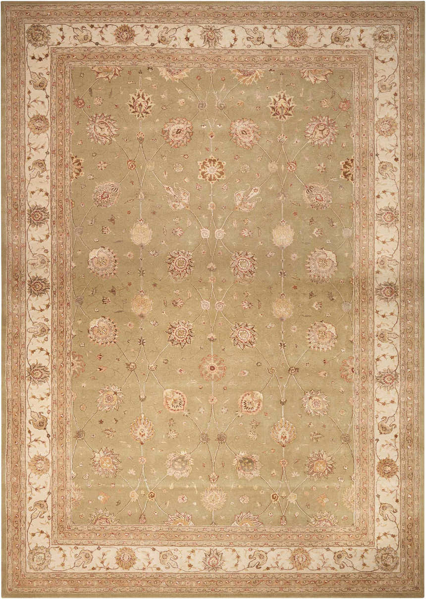 Light green Persian rug. Handmade Nourison 3000 indoor area rug with floral pattern and silk accents.