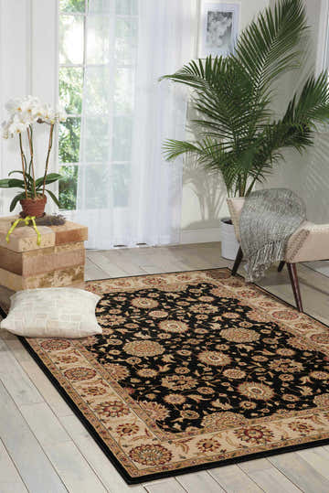 Light, airy room with Nourison Persian Crown Black Persian Rug, plants, and neutral furniture.