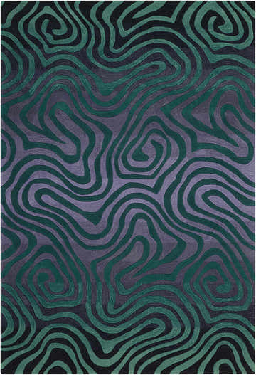 Close-up of Nourison Contour Smoke/Teal rug. Colorful swirl pattern in shades of gray, teal, and black. Handmade rectangle rug.