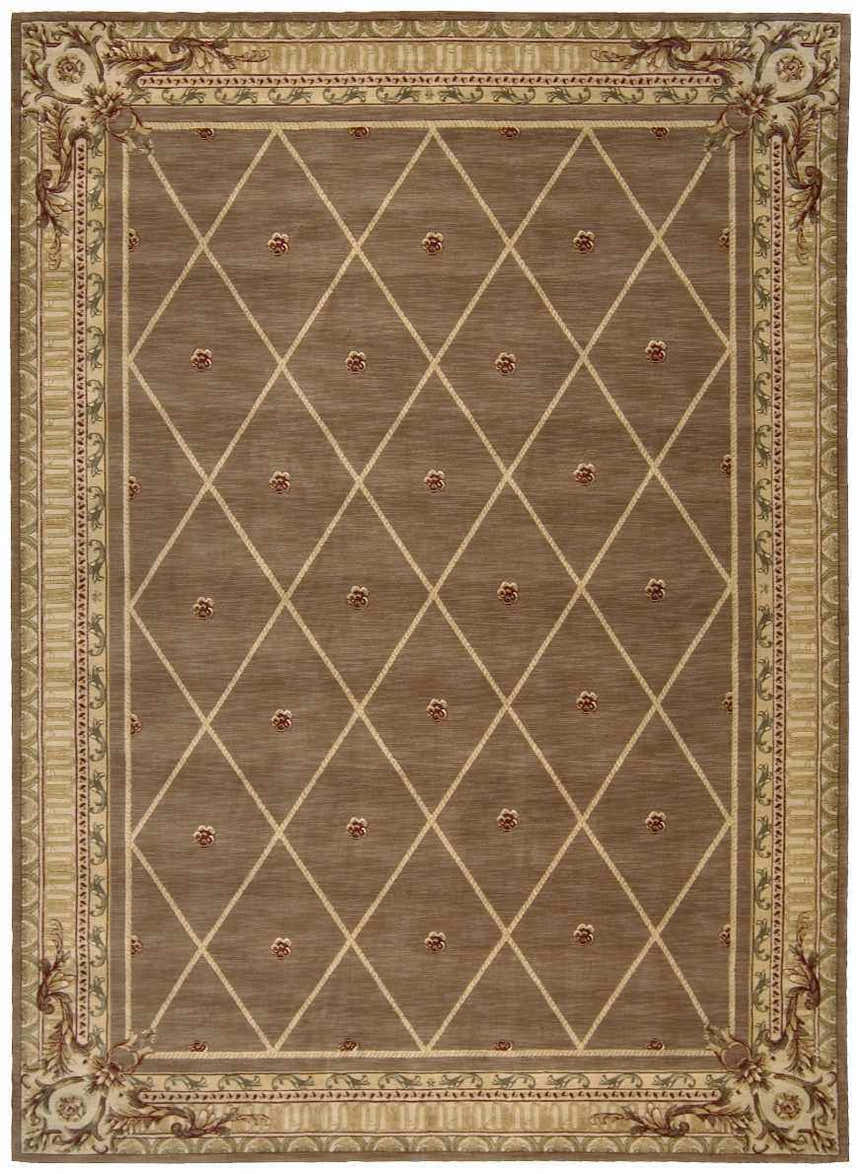 Cocoa Nourison Ashton House rug with vintage diamond pattern and floral border.