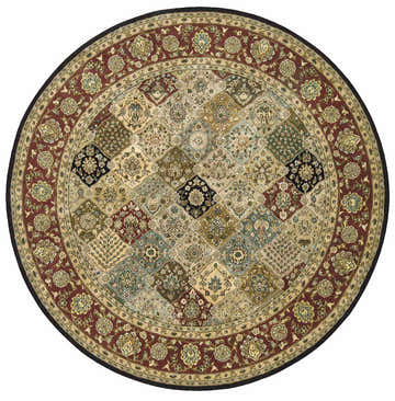 Detailed, round Nourison 2000 Multicolor Persian rug. Handmade wool rug with floral and geometric patterns in red, beige, and blue.