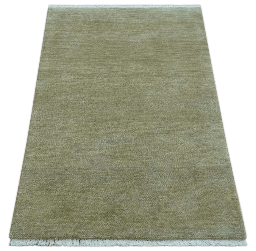 Olive Modern Solid Design Hand Knotted Wool Rug