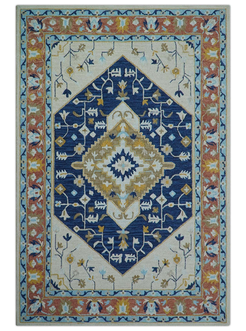 Ollie Traditional Blue And Ivory Hand Tufted Wool Rug